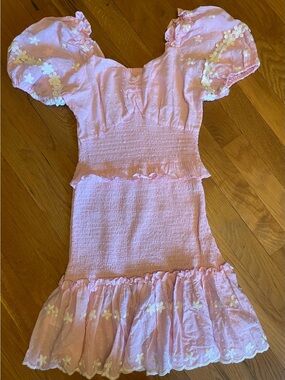 Pink Puff-Sleeve Smocked Mini Dress with Floral Trim